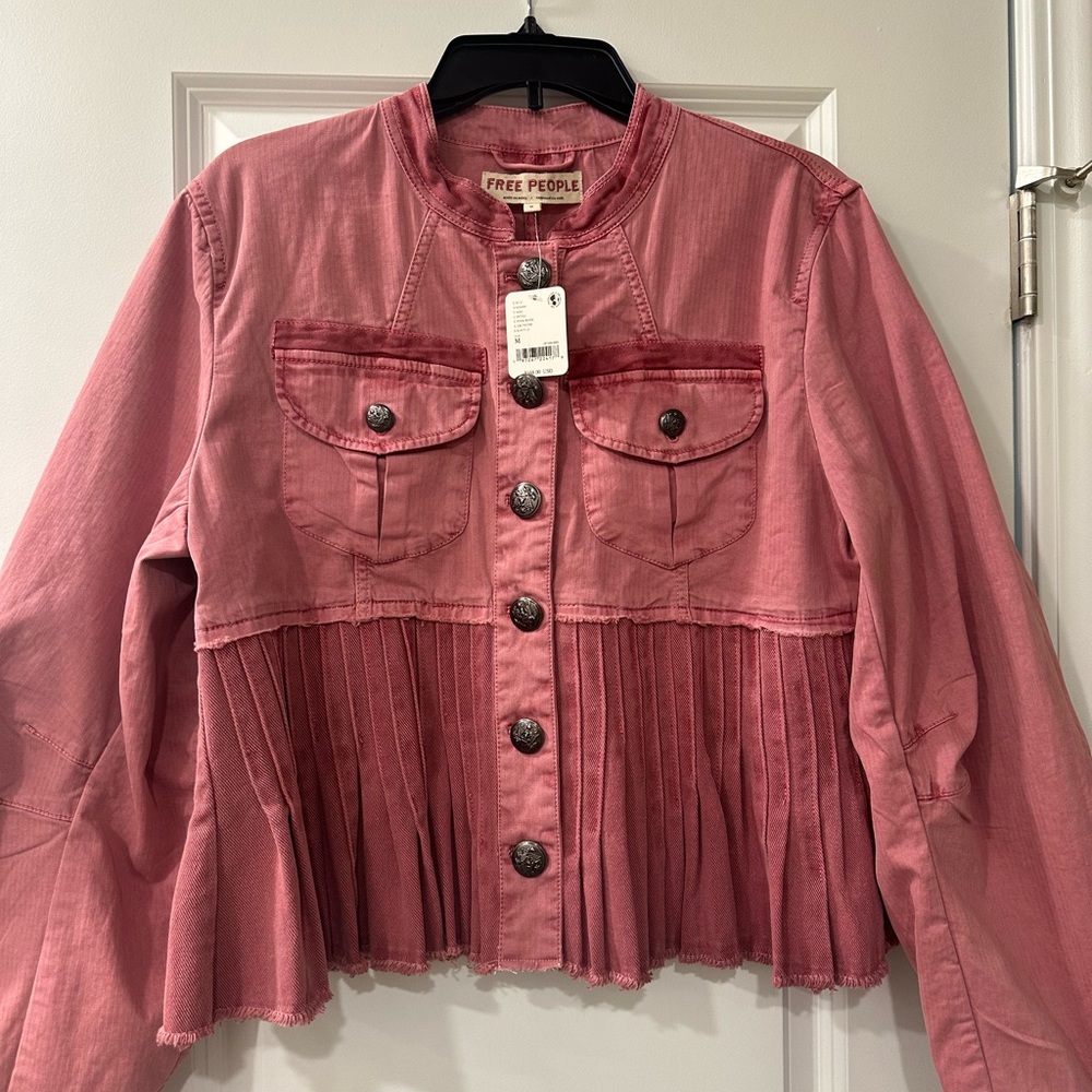 Free People Pink Cropped Jean Jacket with Peplum Hem